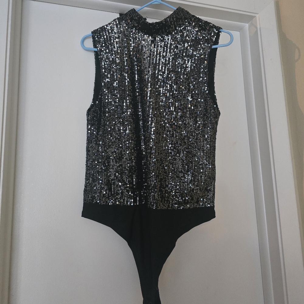 BB Dakota by Steve Madden Truth Aura Dare Bodysuit in Black Sequin Sz L NWT